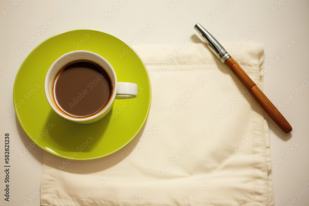 A mug with coffee on the table, a pen lies on a napkin for notes, mockup composition, Generative AI. A mug with coffee on the table, a pen lies on a napkin for notes, mockup composition, Generative AI.
