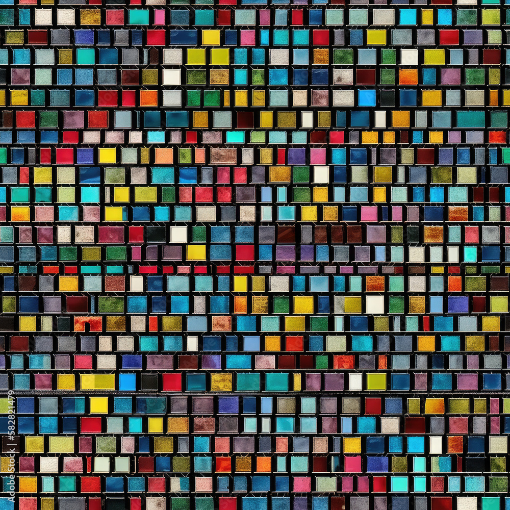 Seamless texture in Murano glass mosaic style. Bright colors, strict geometry of forms. Tile pattern. Generative AI