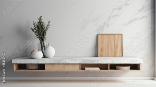Minimal counter mockup design for product presentation background or branding in living room interior high