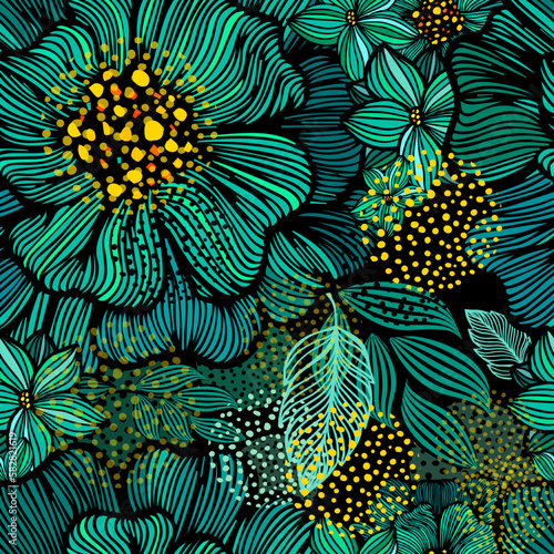 Hand drawn seamless pattern. Turquoise graphic flowers. seamless background. Vector illustration