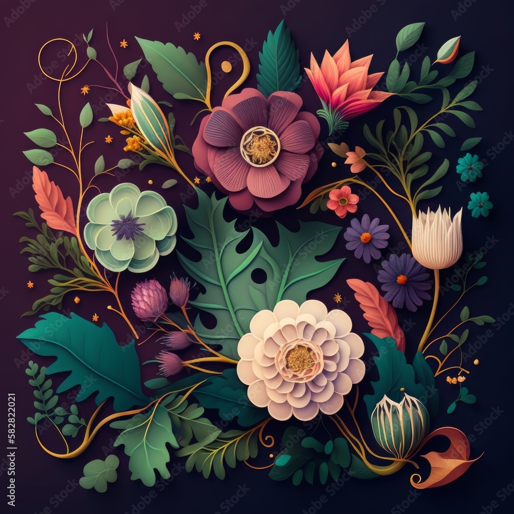 Burst of Nature: Colorful Hand-Drawn Botanical Pattern Illustration Burst of Nature: Colorful Hand-Drawn Botanical Pattern Illustration