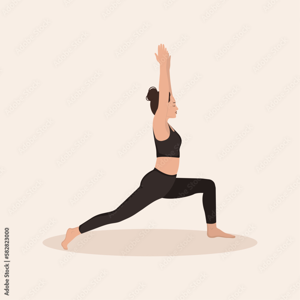 Woman training yoga asana Low Lunge Pose, Crescent Low Lunge Pose, Crescent Moon Pose. Young girl practice Anjaneyasana on light background, vector illustration
