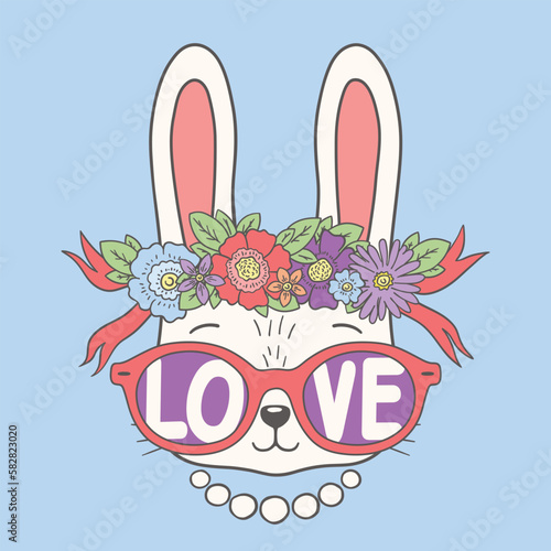 Cute rabbit girl with floral wreath, pink sunglasses. Love slogan. Funny bunny face. Vector illustration for t-shirt graphics, fashion prints, slogan tees and other uses
