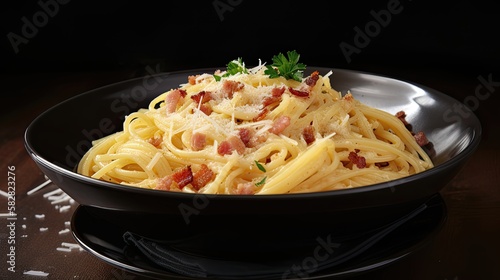 Spaghetti carbonara, typical italian pasta recipe. Generative AI