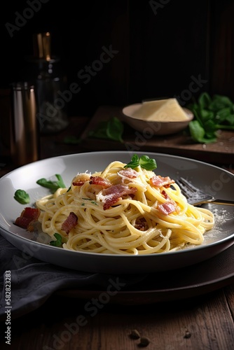 Spaghetti carbonara, typical italian pasta recipe. Generative AI