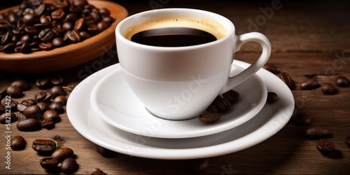 Cup of espresso on a rustic wooden table with coffee beans