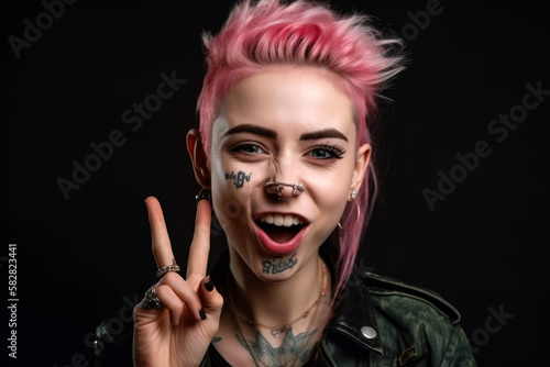 Junge Punkerin mit rosa Haar zeigt das Peace-Zeichen - Generative AI