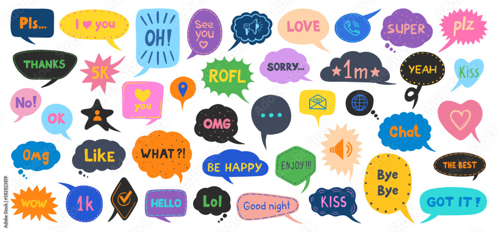 Fototapeta premium Speech bubbles vector. Message bubbles with slang phrases. Speech bubble doodles, text message, social media comment. Comics, chat or dialogue phrases.
