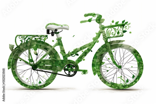 Vélo vert entouré de feuilles et de plantes - mobilité douce - concept de vélo écologique sur fond blanc