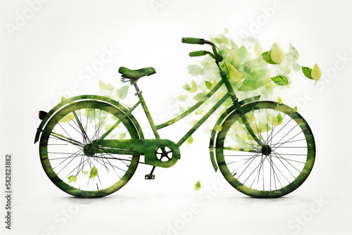 Vélo vert entouré de feuilles et de plantes - mobilité douce - concept de vélo écologique sur fond blanc © Romain TALON