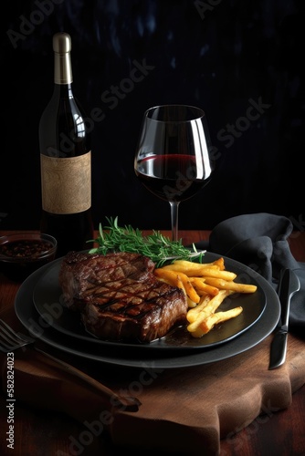 Grilled steak glorious fine, full composition with fired chips and wine. Generative AI