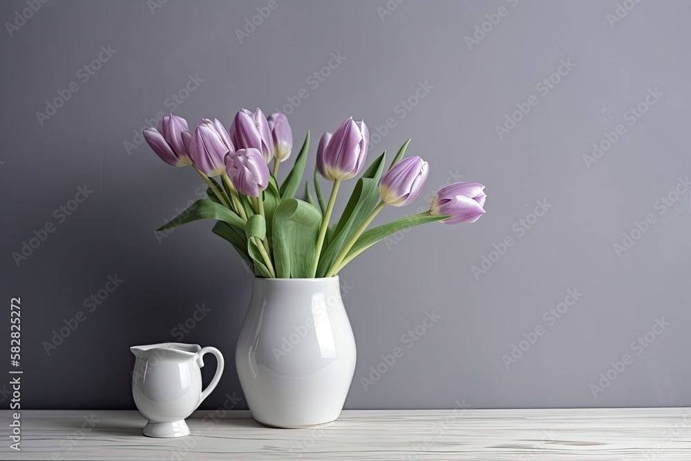 gray wall with violet tulips in a white vase as a backdrop. Generative AI