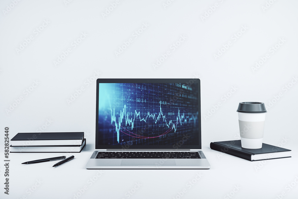 Abstract creative financial graph on modern laptop screen, forex and investment concept. 3D Rendering Abstract creative financial graph on modern laptop screen, forex and investment concept. 3D Rendering