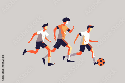 A game of soccer. Several guys running with the ball. Flat illustration. Isolated