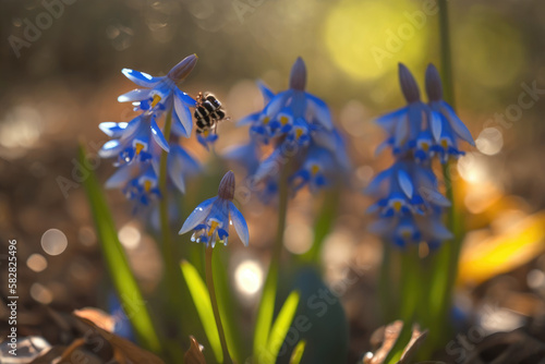 Lovely spring illustration with Scilla flower closeup. Generative AI © Nailya