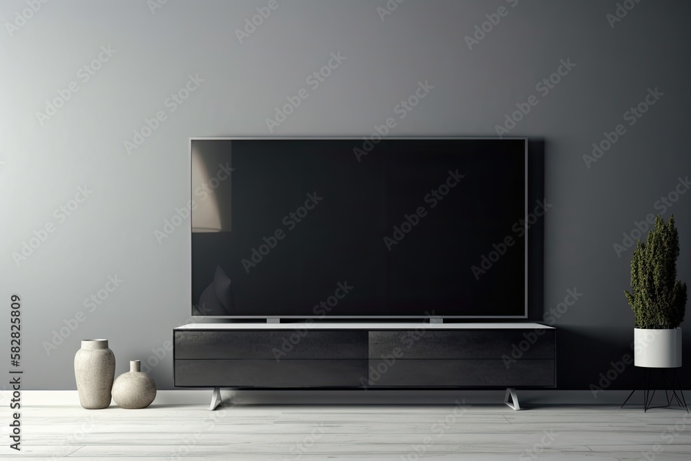 Wall mounted LED TV with a blank, white screen for design and advertising purposes. Generative AI Wall mounted LED TV with a blank, white screen for design and advertising purposes. Generative AI