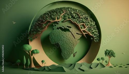 green tree with world Saving environment, save clean planet, ecology concept. Card for World Earth Day photo