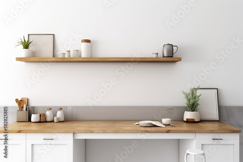 Home interior with white blank wall and wood table for goods display. Mockup for a floor desk display. Background Kitchen board counter and room shelf. Generative AI © AkuAku