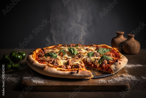 Italian food, delicious homemade pizza with mozzarella and cherry tomatoes ready to eat.