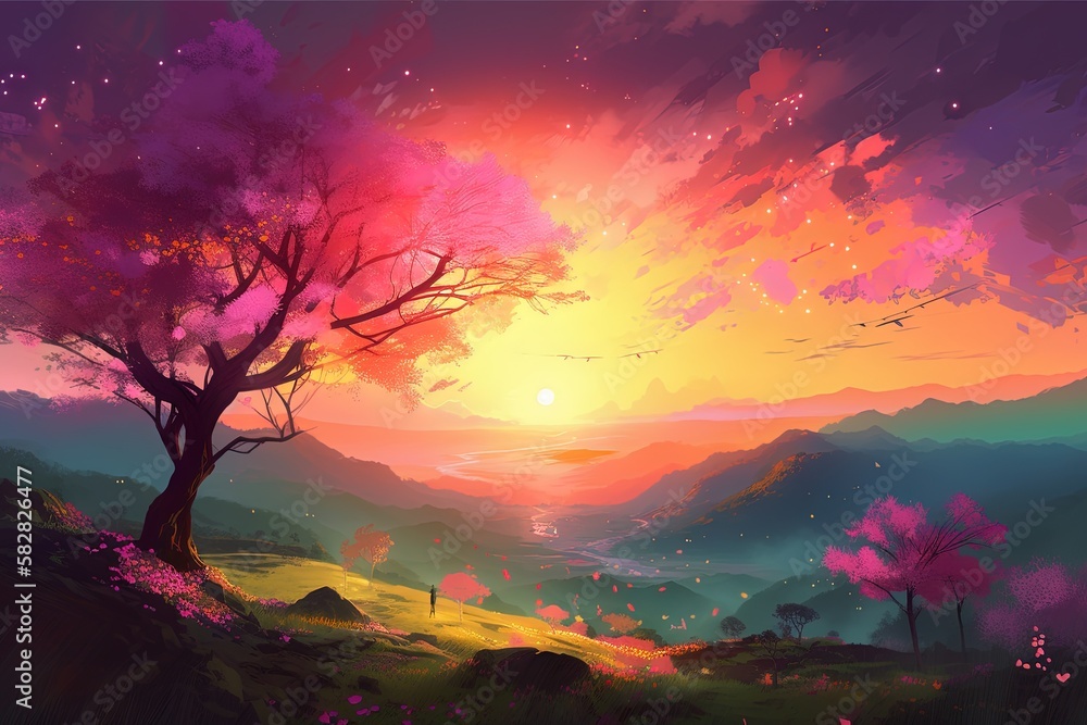 Beautiful spring landscape drawing. Sunset sky and cherry blossom trees background generative ai