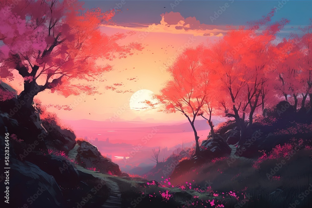 Beautiful spring landscape drawing. Sunset sky and cherry blossom trees background generative ai
