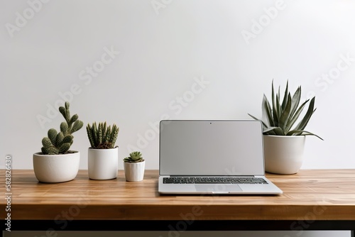 Blank laptop screen with a mouse, cactus, and flower vase on a plain colored background. Generative AI