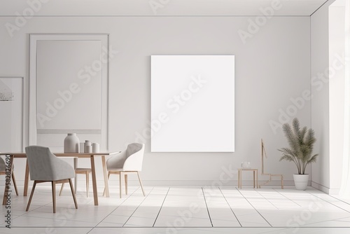 Interior of a light living room with an empty white poster  a large window  a dining table and chairs  a sofa  and a concrete floor. minimalist design principle. A place to meet. a mockup. Generative