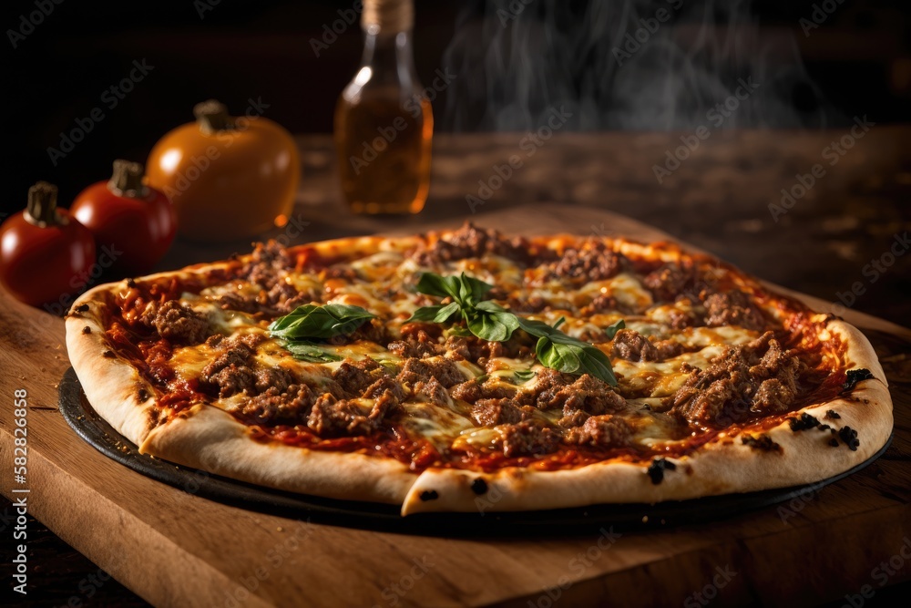 Italian food, delicious homemade pizza with mozzarella and cherry tomatoes ready to eat. Italian food, delicious homemade pizza with mozzarella and cherry tomatoes ready to eat.