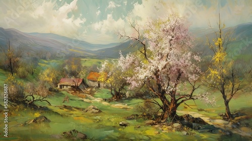 Soft spring wallpaper illustration drawing with sakura blossom trees and mountains in the background generative ai