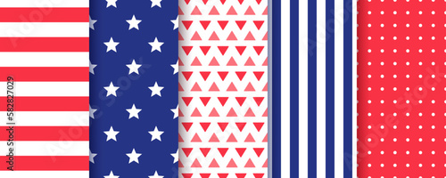 4th July seamless pattern. Patriotic American background. Happy independence day texture. Set of USA flag geometric prints. Blue red wrapping paper with stars stripe and polka dot. Vector illustration