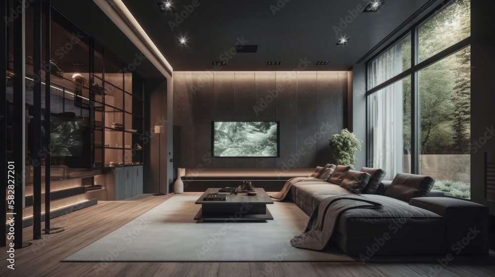 Ultramodern home theatre cinema room with projector screen in the ...