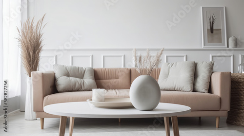 View of a contemporary Scandinavian-style apartment featuring a sofa and a fashionable vase  Home staging and minimalism concept. - Generative AI