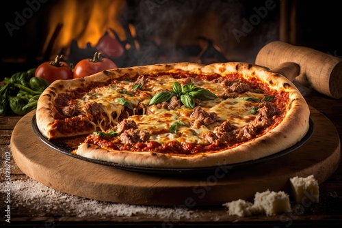 Italian food, delicious homemade pizza with mozzarella and cherry tomatoes ready to eat.