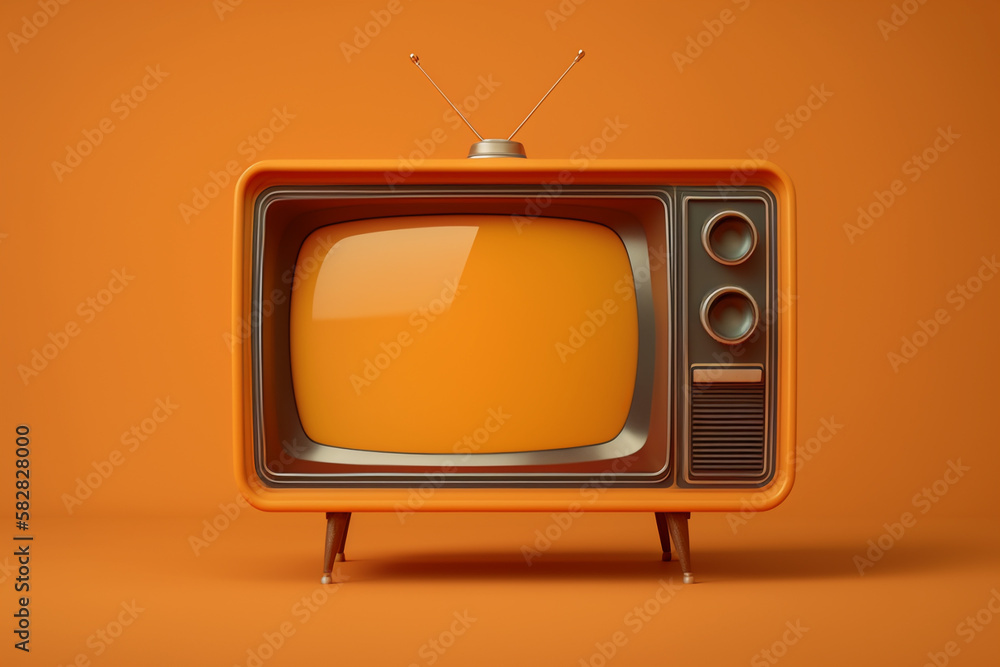 Retro TV blank screen template. Mockup on orange background with copy space for text. Generative AI.