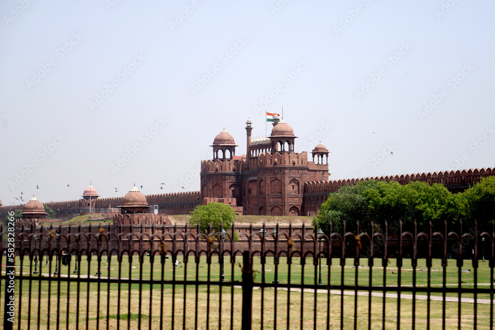 red fort, lal qila, massive enclosing walls of red sandstone, delhi, india, mughal architecture, indo-islamic architecture,