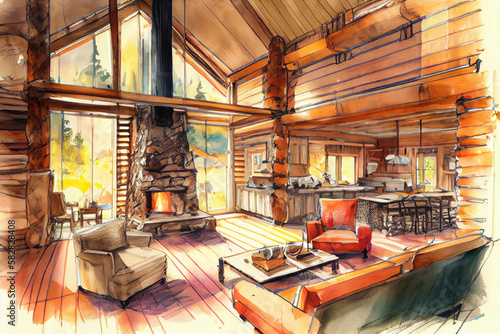 A cozy cabin made of natural logs, generative AI