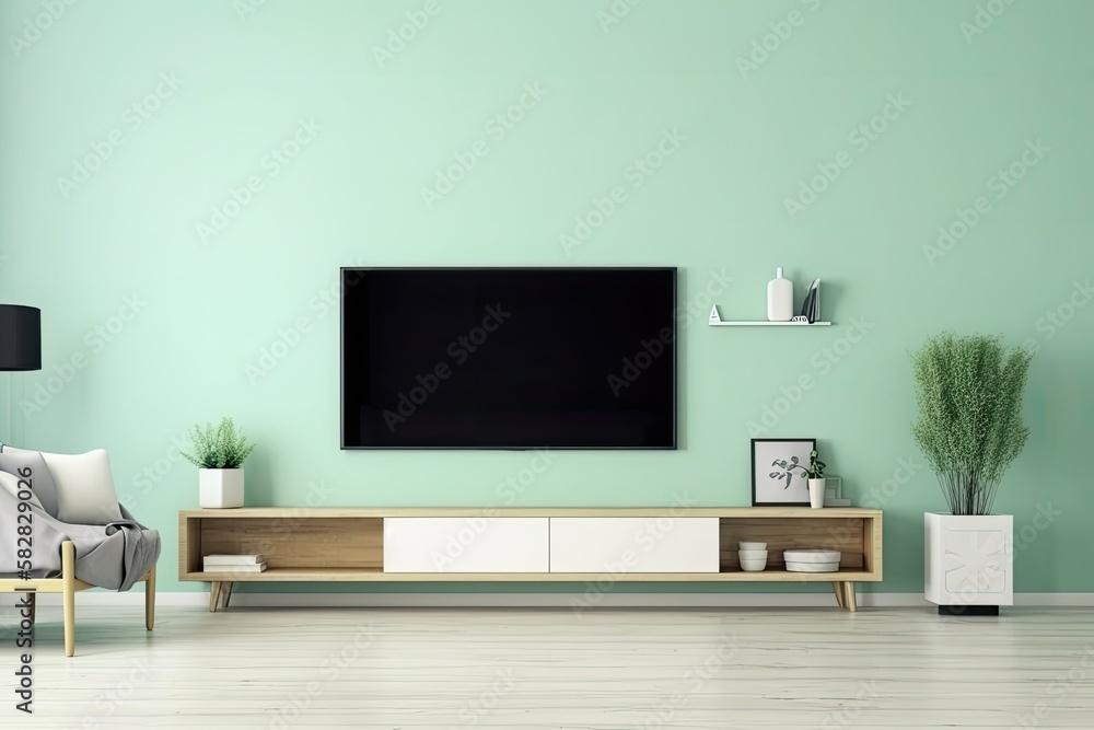 Japanese living room with mint blue wall and mock up television. Generative AI