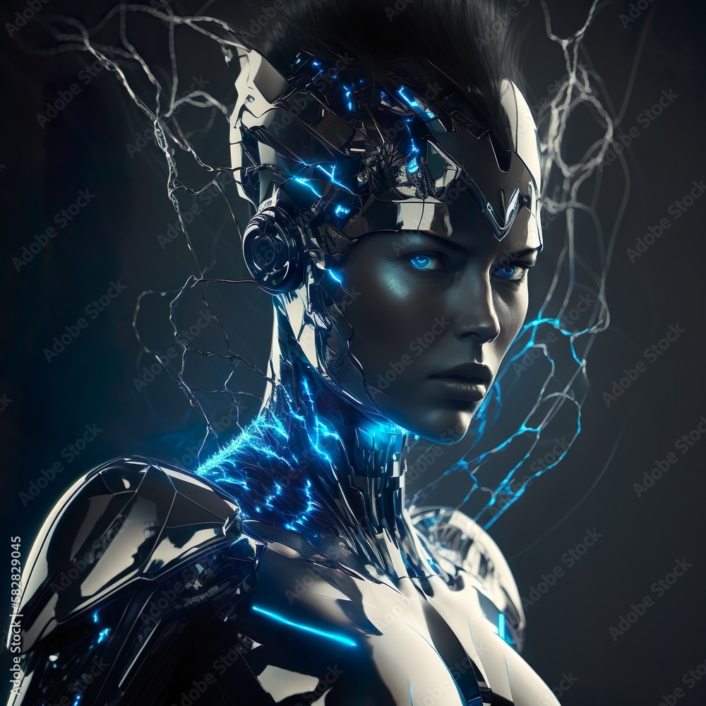 futuristic humanoid robot with human woman face covered in white porcelan skin red blue eyes and volumetric lightning