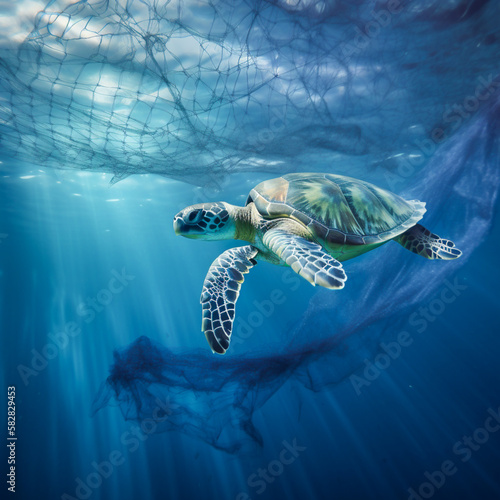 turtle underwater with trawl, ai generated