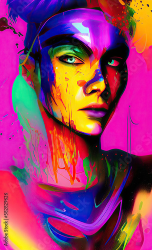 Colourful modern abstract woman face. Hand drawn digital art  illustration