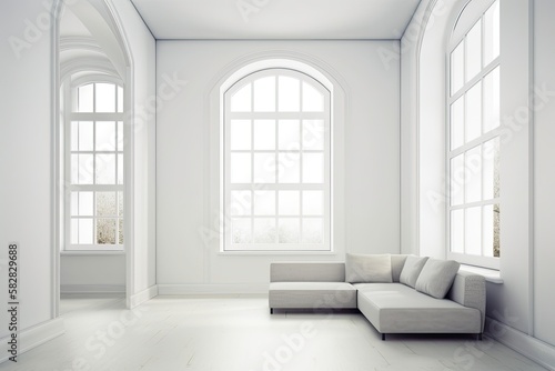 windowed interior of a house. White couch in an empty room. design for an architectural notion. Generative AI