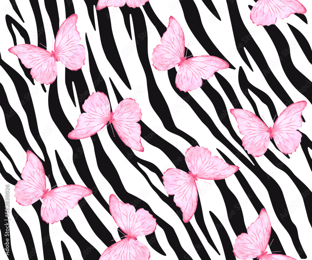 Zebra skin pattern with pink butterflies, seamless vector design for ...
