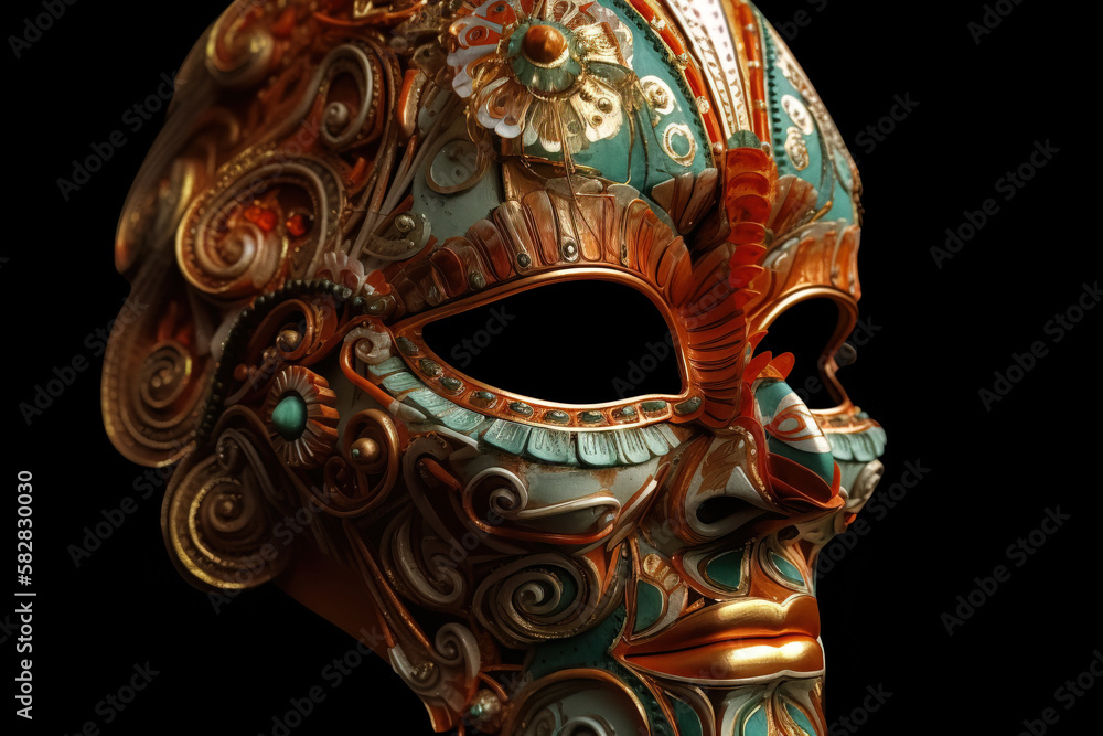Beautiful Venetian mask engraved with golden ornaments on black background. Digitally generated AI image. Beautiful Venetian mask engraved with golden ornaments on black background. Digitally generated AI image.
