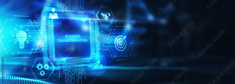 Business, technology, internet and network concept. Virtual screen of the future and sees the inscription: Business transformation. 3d illustration Business, technology, internet and network concept. Virtual screen of the future and sees the inscription: Business transformation. 3d illustration