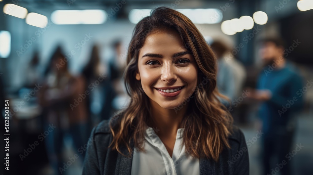 Attractive businesswoman woman posing at her work place with coworkers in the background. Generative AI
Attractive businesswoman woman posing at her work place with coworkers in the background. Generative AI