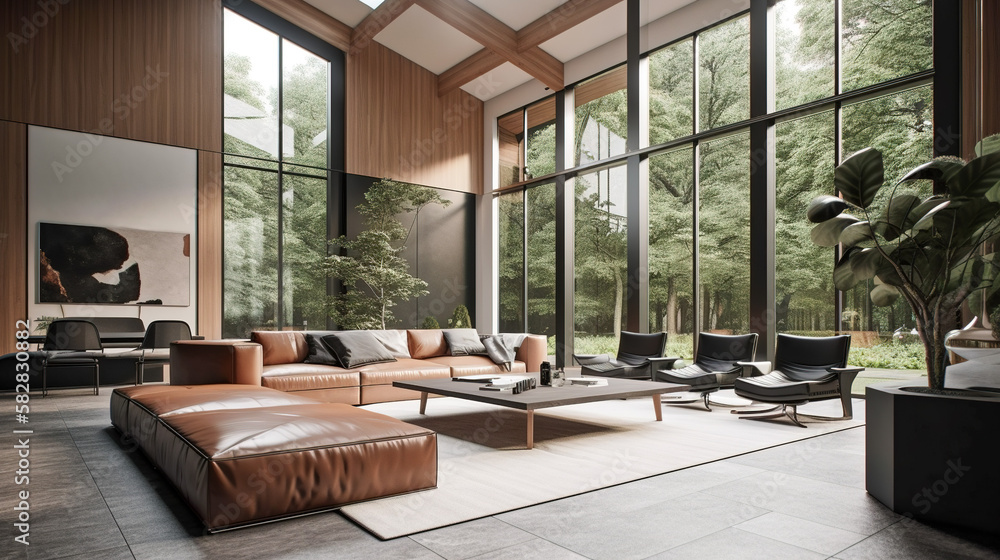 Luxury Living Room, Elegant Minimalist Design with High Ceilings and Large Windows, Generative AI