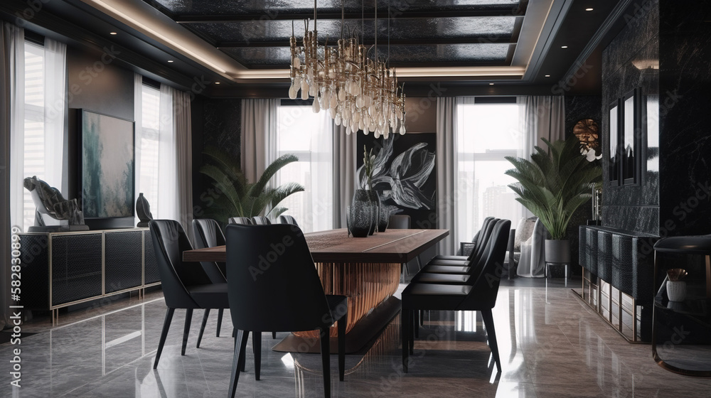 Modern Luxury Dining Room, Sophisticated Dark Design with Elegant Furniture, Generative AI Modern Luxury Dining Room, Sophisticated Dark Design with Elegant Furniture, Generative AI