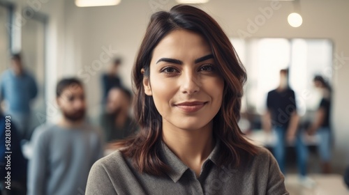 Attractive businesswoman woman posing at her work place with coworkers in the background. Generative AI	
