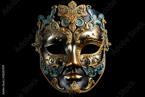 Beautiful Venetian mask engraved with golden ornaments on black background. Digitally generated AI image.