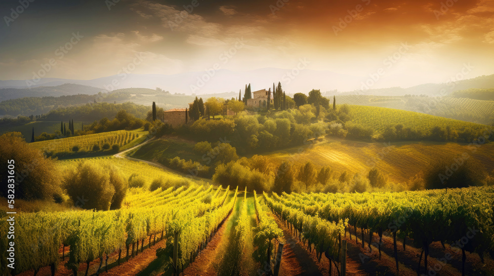 Tuscany landscape in Italy with vineyard and sunset (Generative AI)